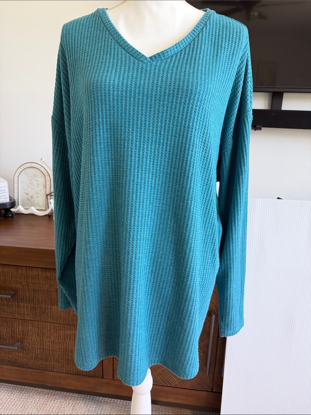 Magellan Outdoors Teal V-Neck Waffle Knit Sweater Tunic